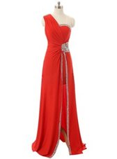 One Shoulder Sleeveless Zipper Floor Length Beading and Ruching Prom Evening Gown