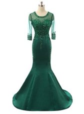 Shining Mermaid Scoop Green Prom Party Dress Satin Brush Train 3|4 Length Sleeve Beading