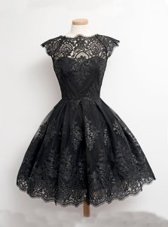 Custom Fit Black A-line Lace Scoop Cap Sleeves Appliques Knee Length Zipper Prom Evening Gown
