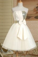 Ideal Champagne Satin Lace Up Homecoming Dress Sleeveless Mini Length Sequins and Bowknot