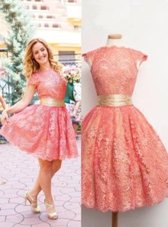 On Sale Pink Lace Zipper Scoop Cap Sleeves Knee Length Military Ball Dresses Lace