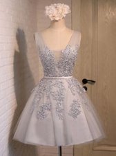 Low Price V-neck Sleeveless Junior Homecoming Dress Mini Length Beading and Appliques Grey Organza