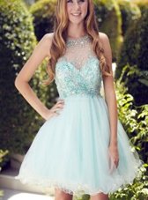 A-line Prom Dress Turquoise Scoop Organza Sleeveless Mini Length Zipper
