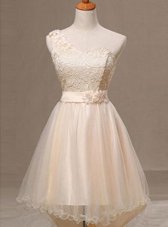 New Style One Shoulder Pleated Knee Length A-line Sleeveless Champagne Prom Party Dress Lace Up