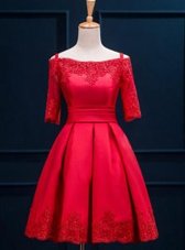 Great Red Prom Evening Gown Prom and For with Appliques and Pleated Off The Shoulder Half Sleeves Lace Up