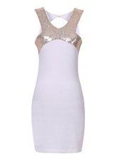 Glorious White Elastic Woven Satin Zipper Halter Top Sleeveless Mini Length Evening Dress Sequins