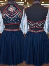 Noble Knee Length Navy Blue Homecoming Dress Organza Sleeveless Embroidery