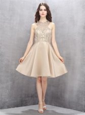 Latest Champagne Sleeveless Knee Length Beading Criss Cross Prom Gown