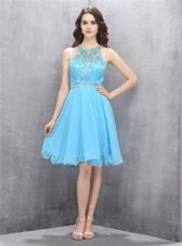 Cheap A-line Prom Dress Blue Scoop Chiffon Sleeveless Knee Length Criss Cross