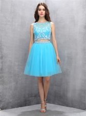 Excellent Blue Scoop Backless Beading Dress for Prom Sleeveless