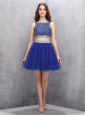 Wonderful Royal Blue Organza Side Zipper Scoop Sleeveless Mini Length Evening Dress Beading