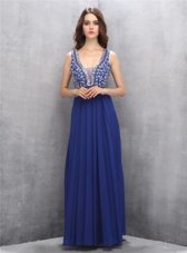 Exceptional Sleeveless Chiffon Floor Length Zipper Prom Evening Gown in Royal Blue for with Beading