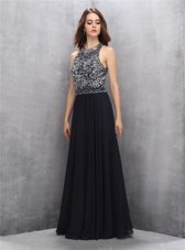 Amazing Halter Top Black Sleeveless Chiffon Backless Evening Dress for Prom