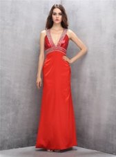 Enchanting Floor Length Criss Cross Formal Dresses Red and In for Prom with Beading