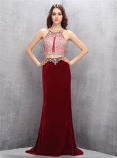 Designer Scoop Sleeveless Silk Like Satin With Train Sweep Train Criss Cross Prom Party Dress in Burgundy for with Beading