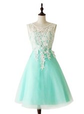 Inexpensive Aqua Blue A-line Scoop Sleeveless Organza Knee Length Zipper Appliques and Sashes|ribbons Homecoming Dress