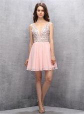 Designer V-neck Sleeveless Evening Dress Knee Length Beading Baby Pink Chiffon