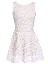 Cheap Scoop Sleeveless Evening Dress Mini Length Lace and Belt White Lace