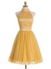 Attractive Sleeveless Organza Mini Length Zipper Party Dress for Toddlers in Gold for with Beading