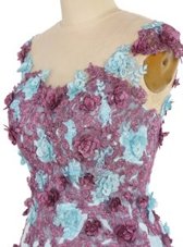 Light Blue Zipper V-neck Embroidery Evening Dress Satin Sleeveless