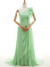 Beautiful One Shoulder Sleeveless Sweep Train Ruffles and Hand Made Flower Lace Up Celebrity Inspired Dress