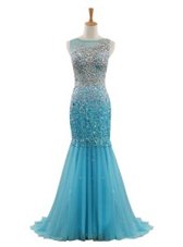 New Arrival With Train Mermaid Sleeveless Blue Prom Gown Sweep Train Zipper