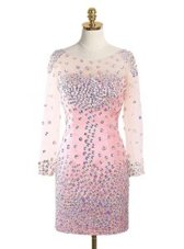 Dramatic Scoop Pink Long Sleeves Mini Length Beading Zipper Mother Of The Bride Dress