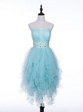 Low Price Light Blue A-line Sweetheart Sleeveless Tulle Asymmetrical Zipper Beading Prom Gown