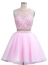 Great Scoop Pink Sleeveless Knee Length Beading Zipper Party Dress for Girls