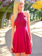 Amazing Pink Chiffon Zipper Halter Top Sleeveless Mini Length Prom Dresses Appliques