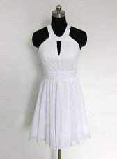 High End White Halter Top Neckline Ruching Prom Evening Gown Sleeveless Zipper
