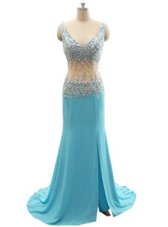 Cheap Mermaid Blue Prom Dress V-neck Sleeveless Brush Train Zipper
