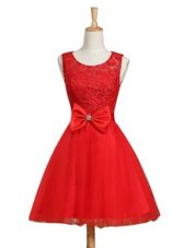 Latest Scoop Mini Length Lace Up Prom Dress Red and In for Prom with Lace and Bowknot