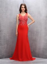 High Class Mermaid Red Prom Dress Prom and Party and For with Beading and Sequins Scoop Sleeveless Brush Train Zipper