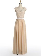 New Style Champagne V-neck Side Zipper Lace Evening Dress Cap Sleeves