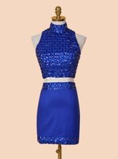 Backless Royal Blue Sleeveless Beading Mini Length Prom Party Dress