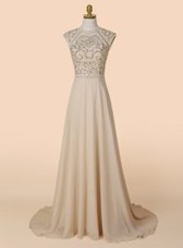 Elegant Scoop Sleeveless With Train Beading Backless with Champagne Brush Train