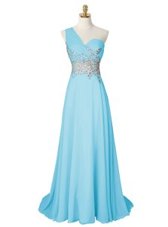 Most Popular One Shoulder Light Blue Sleeveless Brush Train Beading With Train Prom Evening Gown