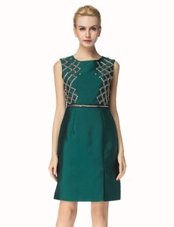 Trendy Dark Green Column/Sheath Satin Bateau Sleeveless Beading Knee Length Zipper Dress for Prom