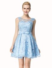 Superior Scoop Lace Sleeveless Mini Length Bowknot Zipper Teens Party Dress with Light Blue
