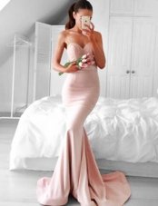 Hot Sale With Train Mermaid Sleeveless Pink Dress for Prom Brush Train Zipper