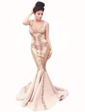 Simple Mermaid Peach Scoop Zipper Beading Prom Party Dress Brush Train Sleeveless