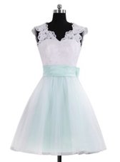 White Prom Evening Gown Prom and Party and Wedding Party and For with Lace and Sashes|ribbons V-neck Sleeveless Zipper