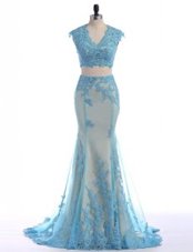 Dynamic Mermaid Lace Prom Party Dress Blue Zipper Sleeveless With Brush Train