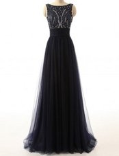 New Arrival Backless With Train Navy Blue Prom Evening Gown Tulle Sweep Train Sleeveless Beading