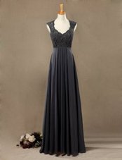 Dazzling Scoop Grey Chiffon Zipper Prom Evening Gown Sleeveless Floor Length Lace