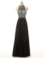 Classical Sleeveless Tulle Floor Length Backless in Black for with Beading