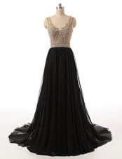 Beauteous Black Empire V-neck Sleeveless Tulle With Brush Train Side Zipper Beading Homecoming Dress