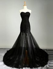 Vintage Black Mermaid Tulle Sweetheart Sleeveless Lace With Train Zipper Prom Evening Gown Brush Train