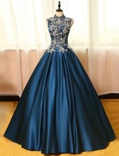 Inexpensive Floor Length Backless Military Ball Dresses Blue and In for Prom and Party with Appliques